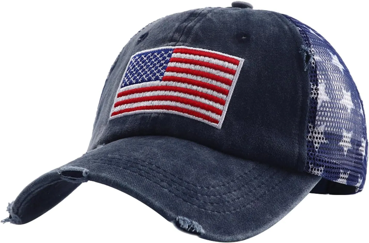 American Flag Baseball Cap Washed Embroidered PatrioticTrucker Hat Mesh Unisex Adjustable Cotton Ponytail Sun Hat Outdoor