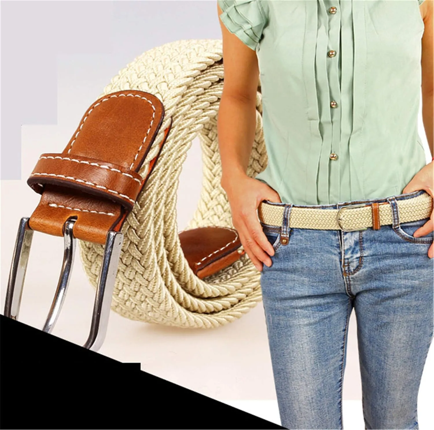 Andongnywell Men and Women Stretch Braided Woven Belts without Holes Elastic Casual Belts Waist Cinch Waistband
