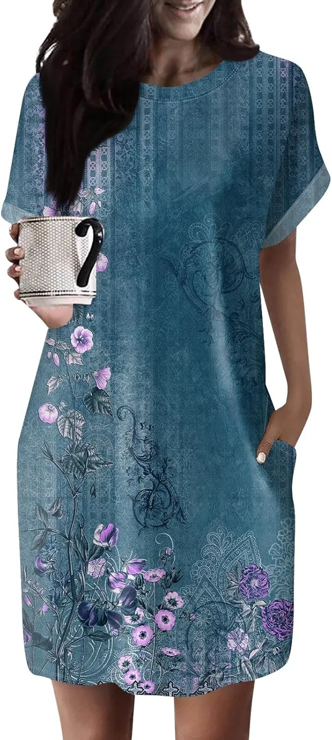 BAXLIMEK Mini Dresses for Women,2025 Spring Summer Casual Loose Crewneck Short Sleeve T Shirt Dress Plain/Print Beach Dress