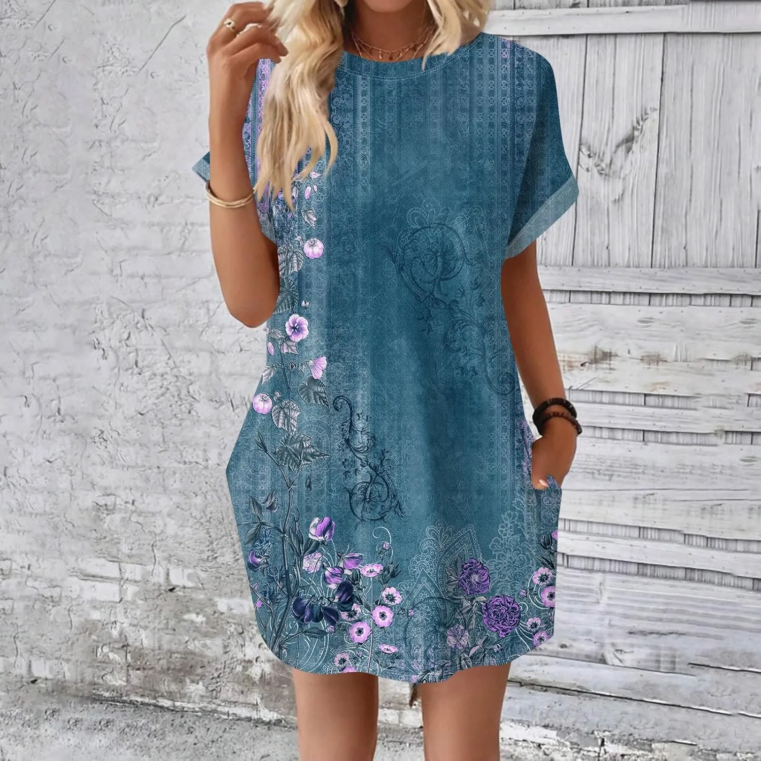 BAXLIMEK Mini Dresses for Women,2025 Spring Summer Casual Loose Crewneck Short Sleeve T Shirt Dress Plain/Print Beach Dress