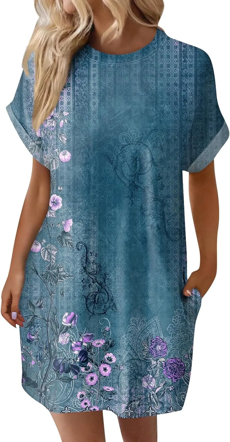 BAXLIMEK Mini Dresses for Women,2025 Spring Summer Casual Loose Crewneck Short Sleeve T Shirt Dress Plain/Print Beach Dress