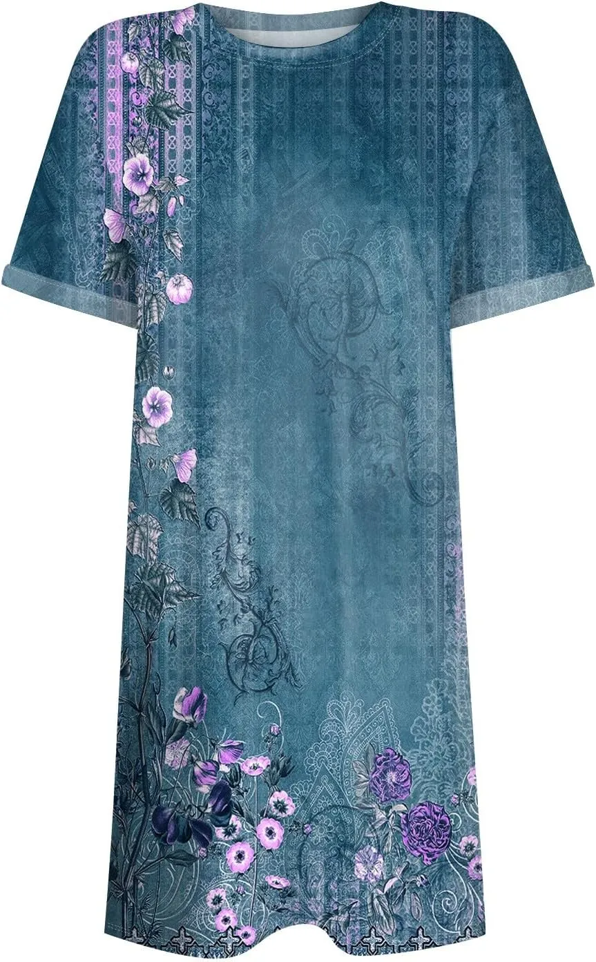 BAXLIMEK Mini Dresses for Women,2025 Spring Summer Casual Loose Crewneck Short Sleeve T Shirt Dress Plain/Print Beach Dress