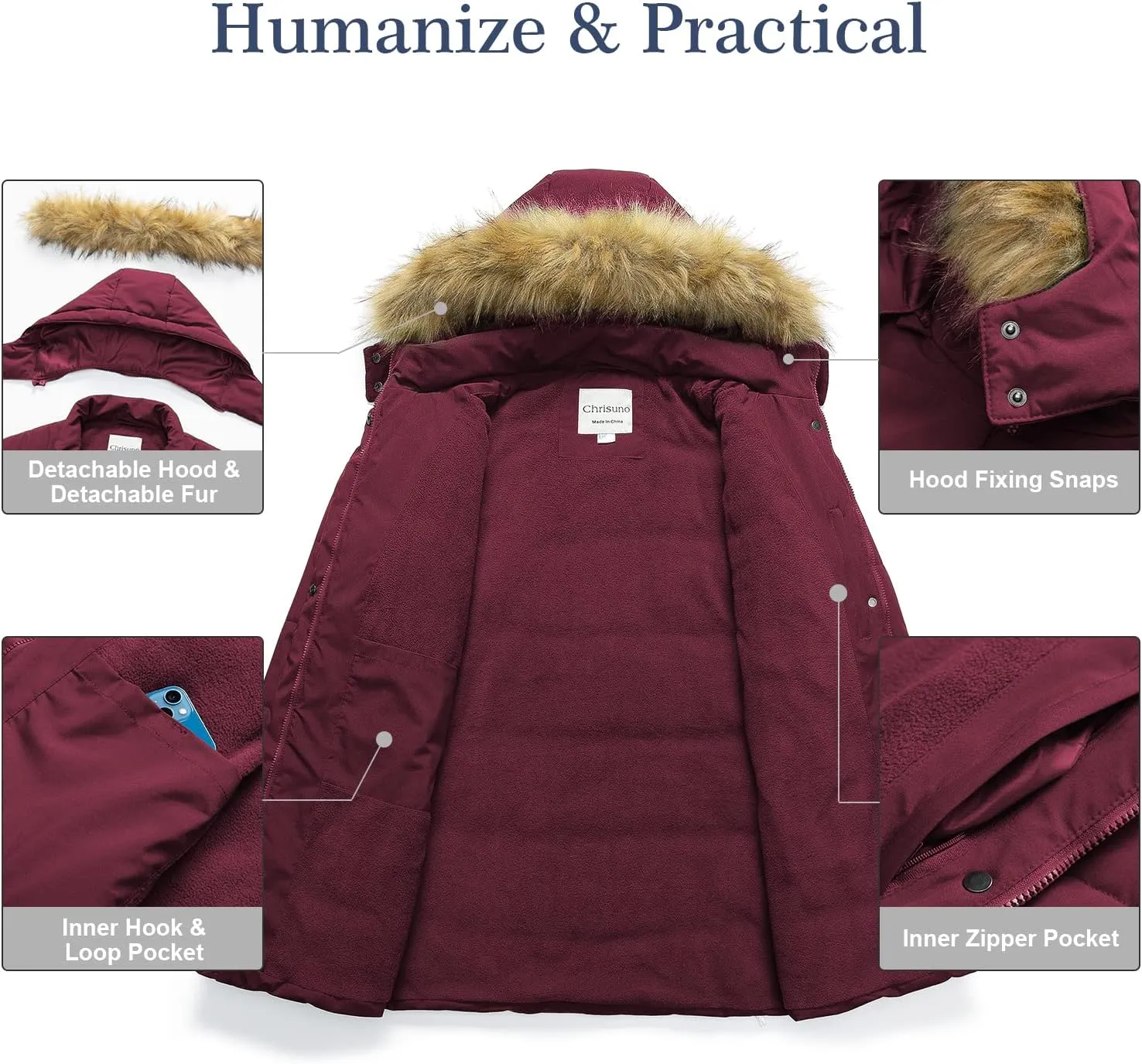 Chrisuno Women's Plus Size Winter Coat Waterproof Long Puffer Jacket Warm Thicken Parka with Removable Fur Hood