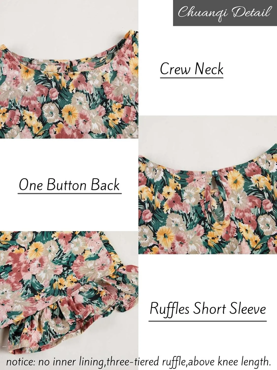 Chuanqi Womens Ruffles Boho Floral Printed Babydoll Loose Swing Casual Short Mini T-Shirt Dress