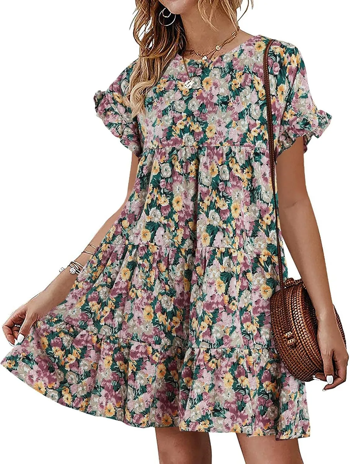 Chuanqi Womens Ruffles Boho Floral Printed Babydoll Loose Swing Casual Short Mini T-Shirt Dress