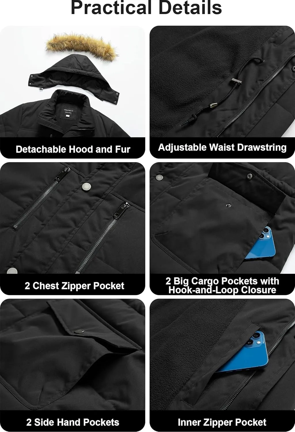 CREATMO US Men's Big and Tall Winter Coat Waterprpoof Long Puffer Jacket Thicken Parka with Removable Fur Hooded