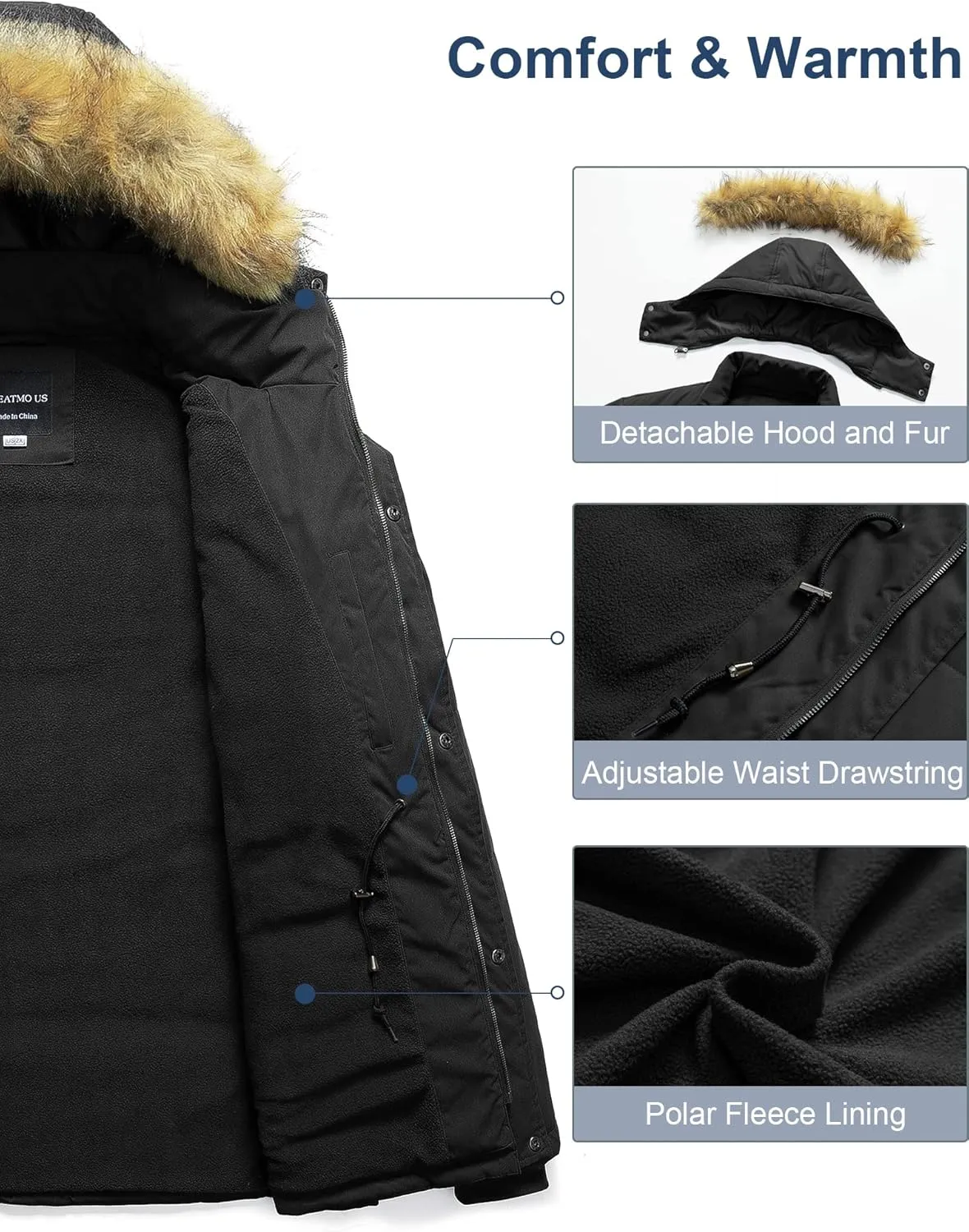 CREATMO US Men's Big and Tall Winter Coat Waterprpoof Long Puffer Jacket Thicken Parka with Removable Fur Hooded