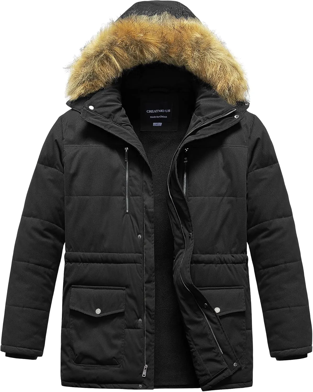 CREATMO US Men's Big and Tall Winter Coat Waterprpoof Long Puffer Jacket Thicken Parka with Removable Fur Hooded