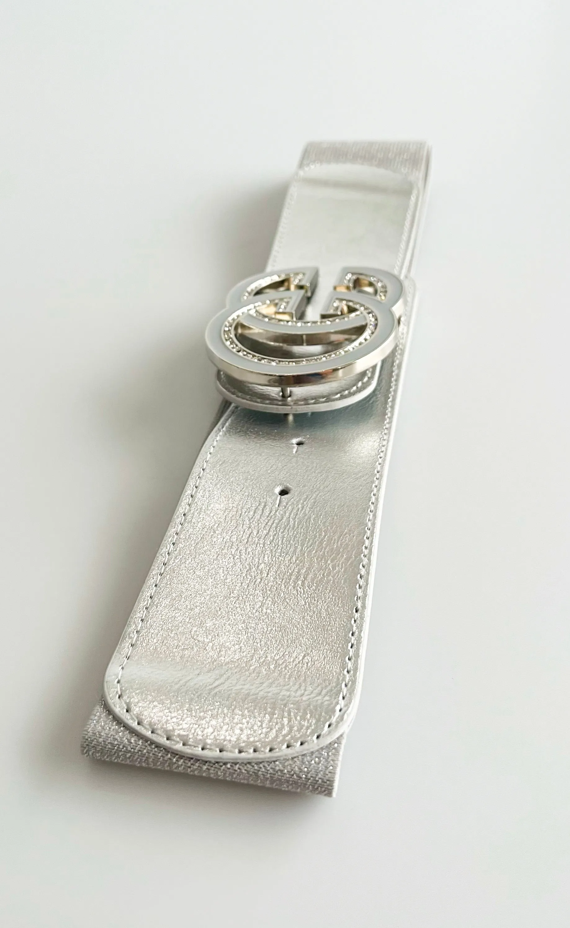CZ Double C Buckle Elastic Belt - Silver