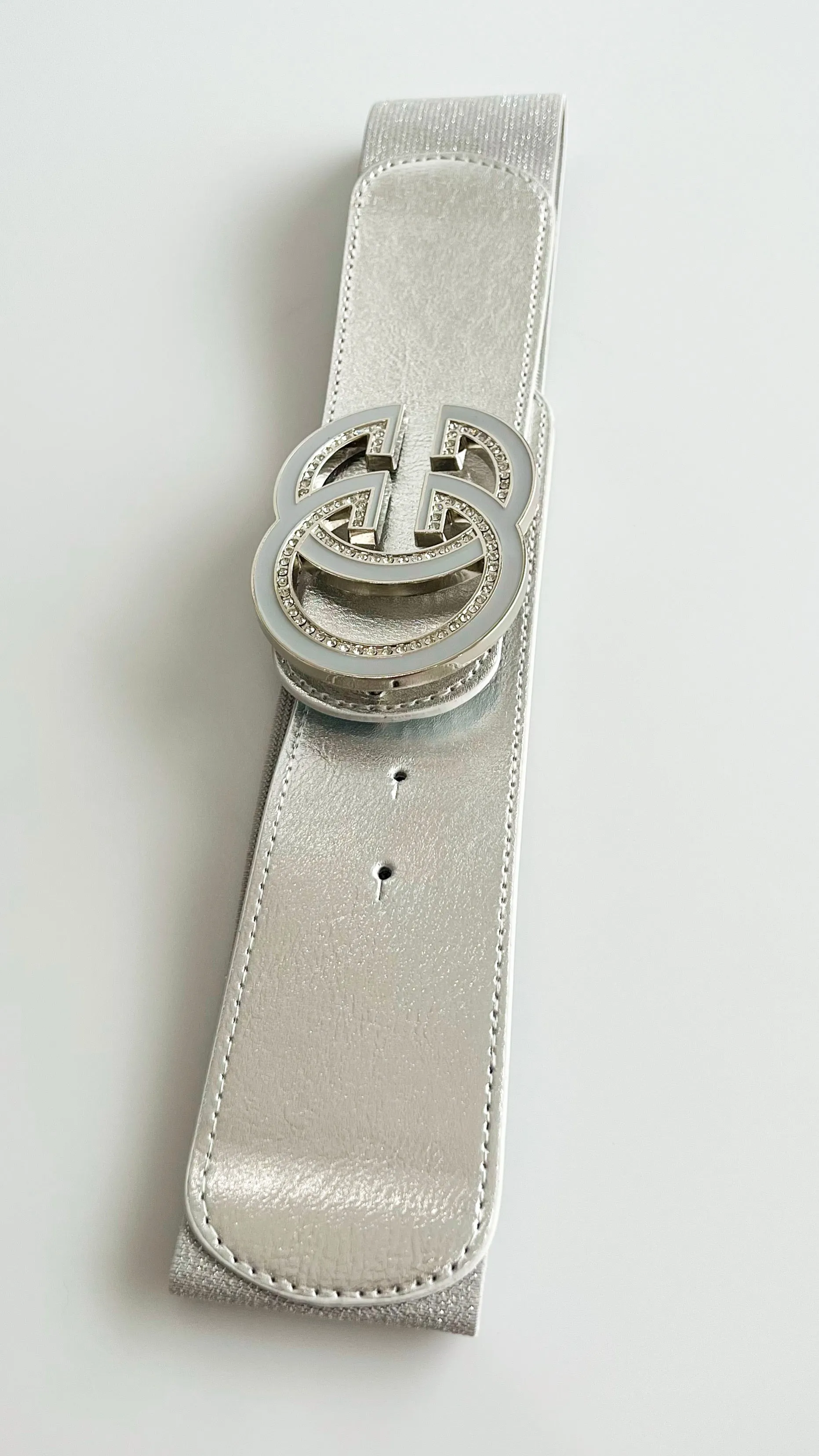 CZ Double C Buckle Elastic Belt - Silver