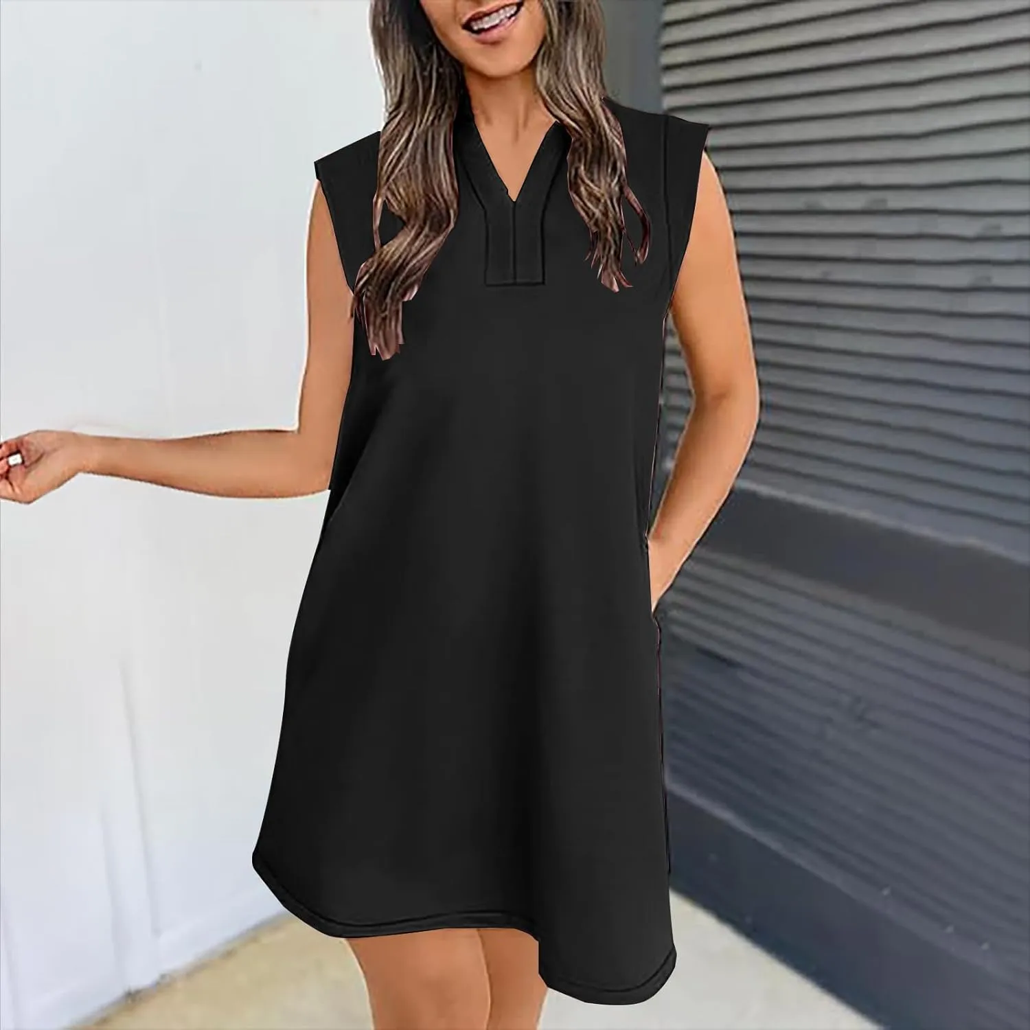 Dressy Lapel Cap Sleeve T Shirt Dress Women Summer V Neck Mini Work Dresses Casual Loose Fit Beach Vacation Dresses