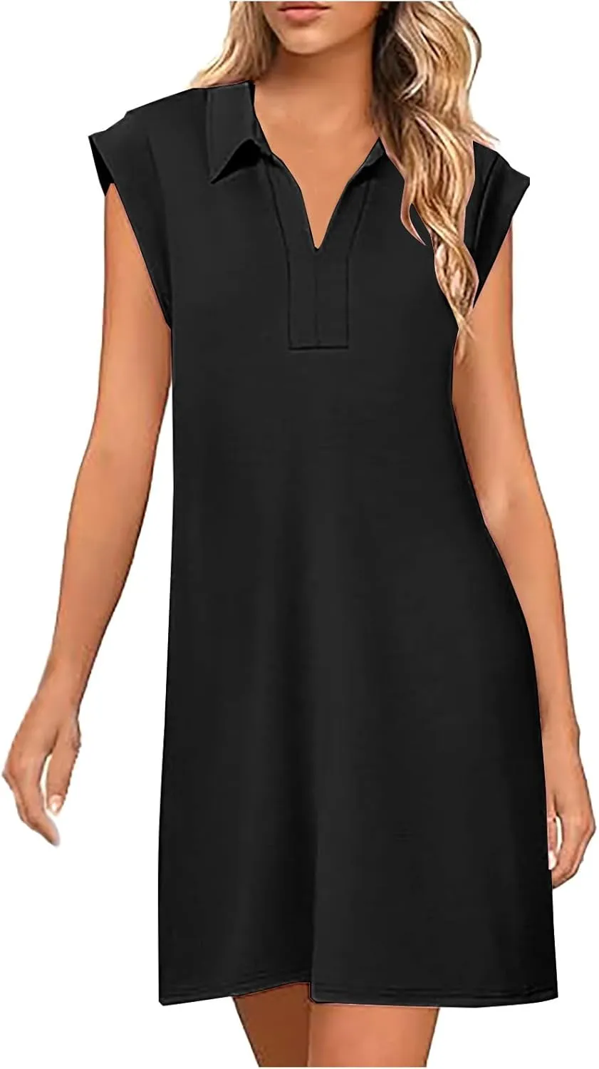 Dressy Lapel Cap Sleeve T Shirt Dress Women Summer V Neck Mini Work Dresses Casual Loose Fit Beach Vacation Dresses