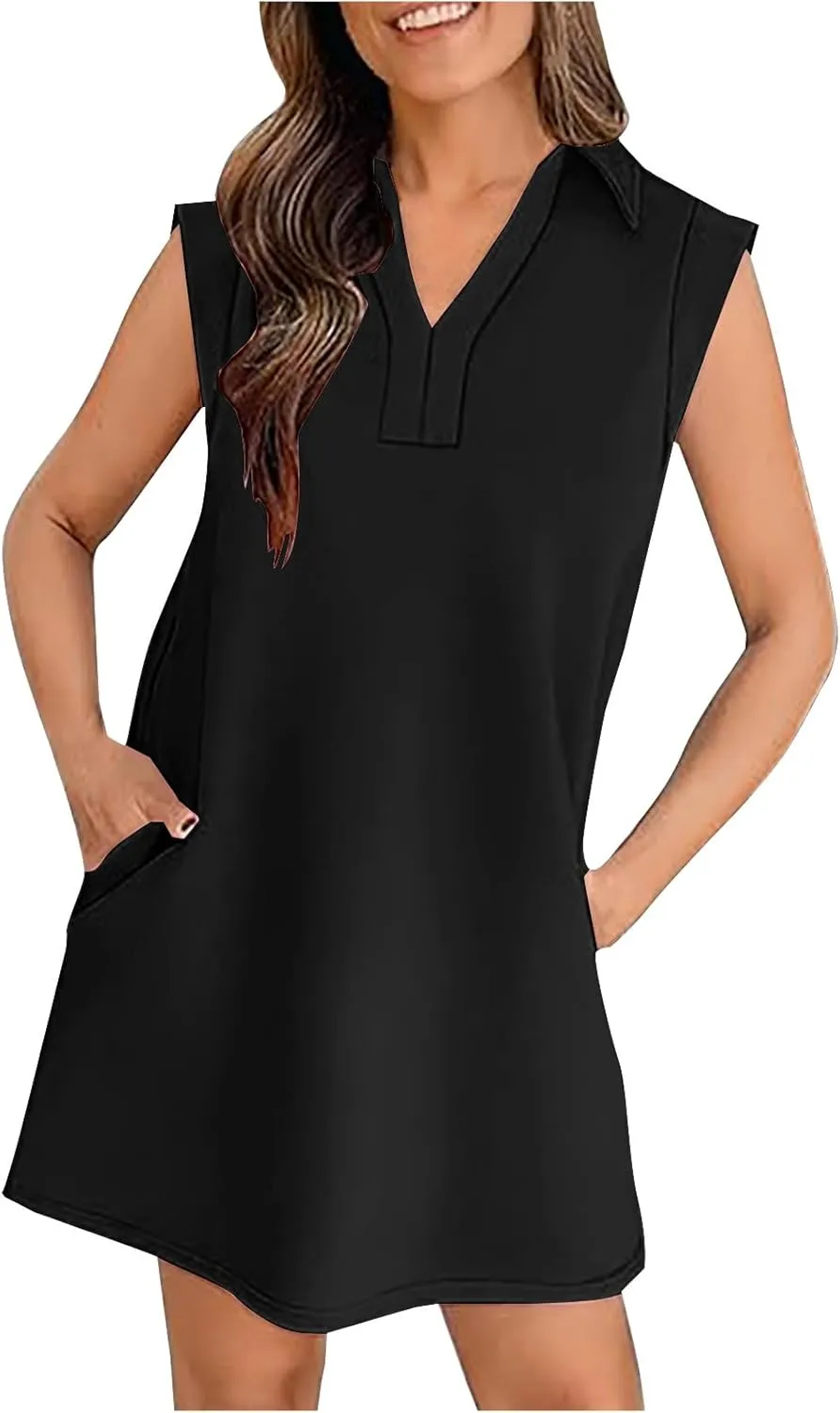Dressy Lapel Cap Sleeve T Shirt Dress Women Summer V Neck Mini Work Dresses Casual Loose Fit Beach Vacation Dresses