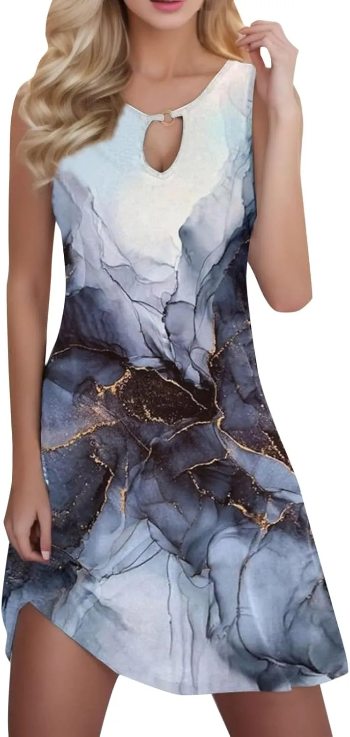 Eduavar Summer Dresses for Women 2024, Shirt Dresses for Women Casual Sleeveless Tank Dress Hollow Out Crew Neck Mini Dress