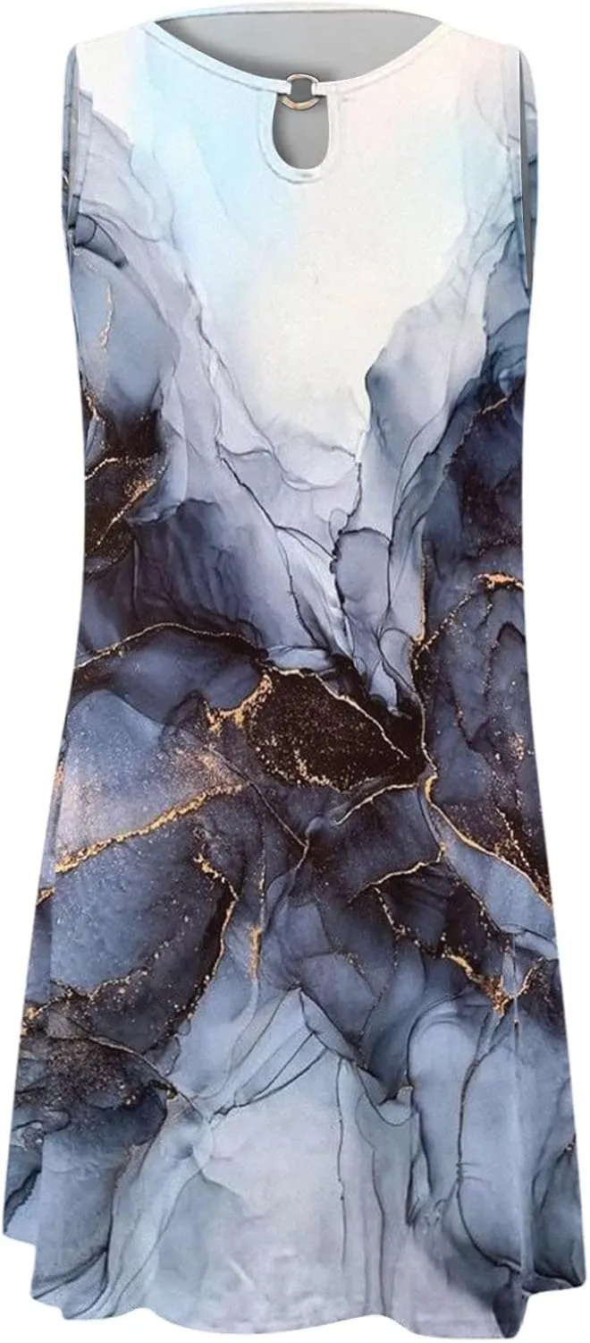 Eduavar Summer Dresses for Women 2024, Shirt Dresses for Women Casual Sleeveless Tank Dress Hollow Out Crew Neck Mini Dress