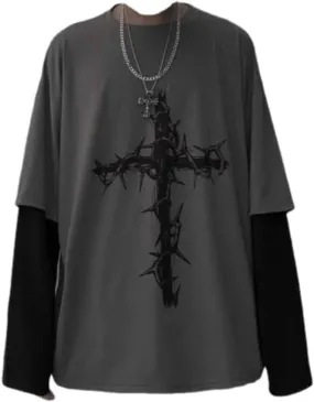 GAI Grunge Gothic Clothes Harajuku Fashion Alt Emo Clothing Oversized Casual Long Sleeves Crewneck T-Shirt Tee Streetwear (XXL, Grey)