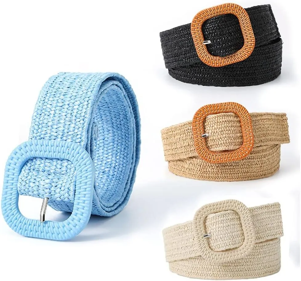 Gerrit Straw Woven Belts for Women, Elastic Waist Belts Bohemian Braided Belts with Square Buckle, Female Wide Stretch Dress Belt (Black Khaki Beige Blue)