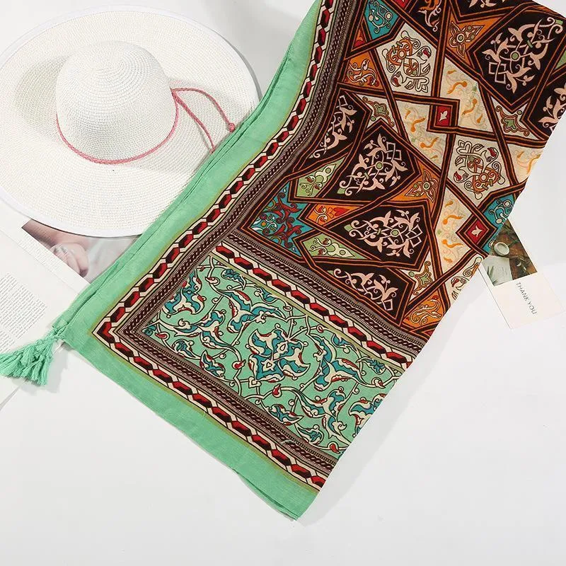 Green Rectangle National Style Vacation Printing Sunscreen Scarf Shawl Beach Towel