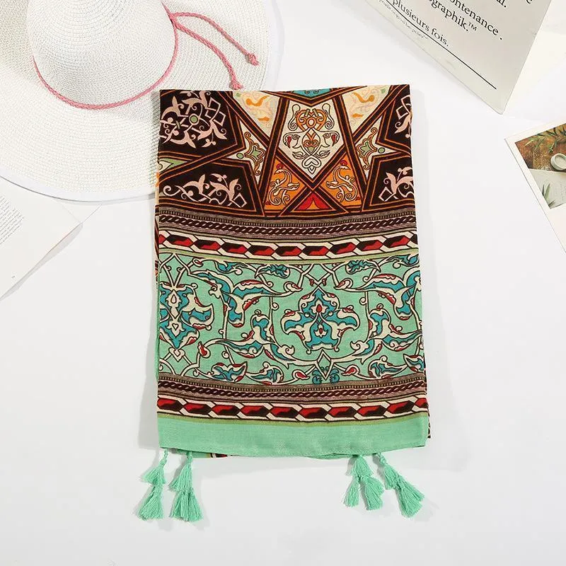 Green Rectangle National Style Vacation Printing Sunscreen Scarf Shawl Beach Towel