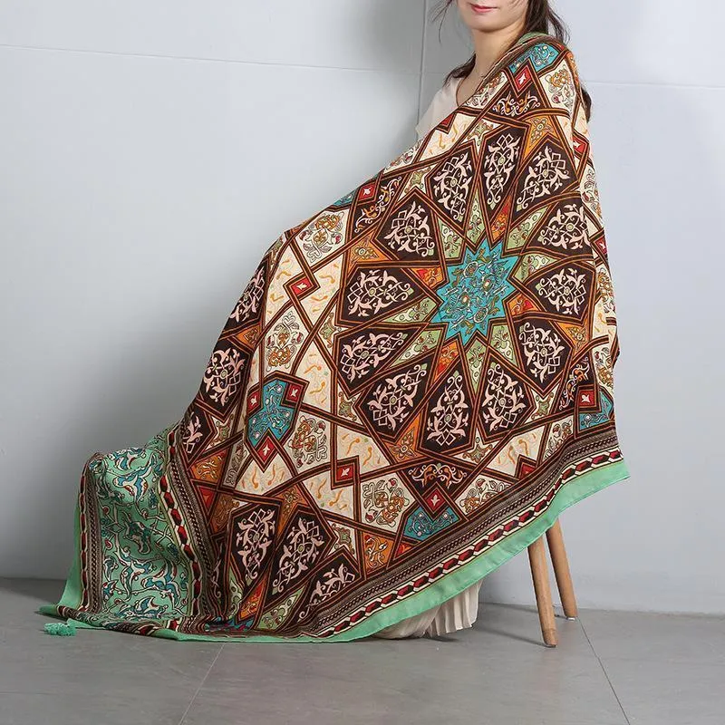 Green Rectangle National Style Vacation Printing Sunscreen Scarf Shawl Beach Towel