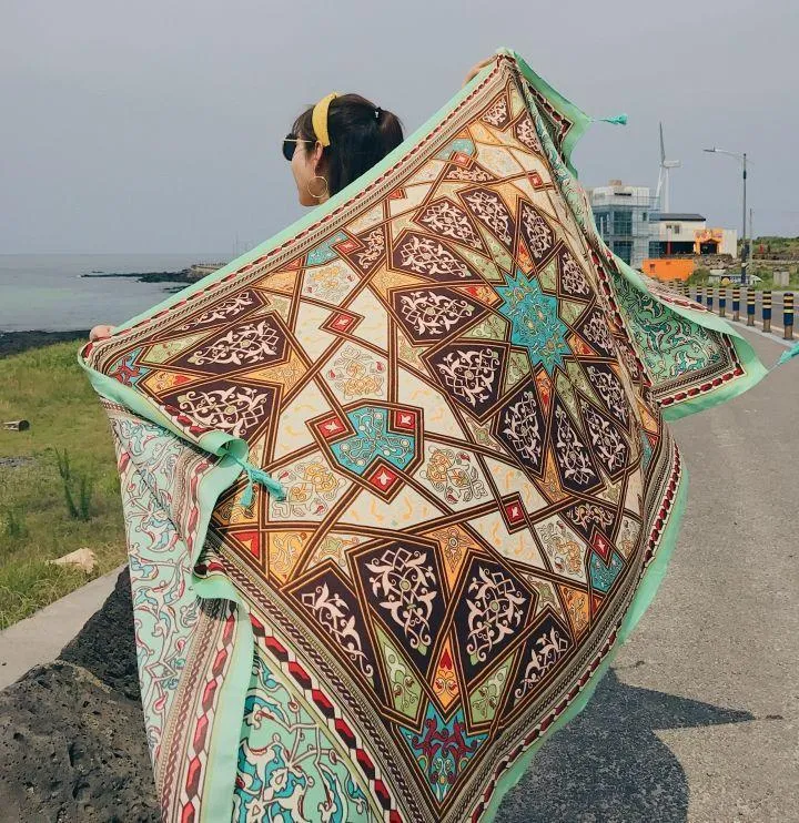 Green Rectangle National Style Vacation Printing Sunscreen Scarf Shawl Beach Towel