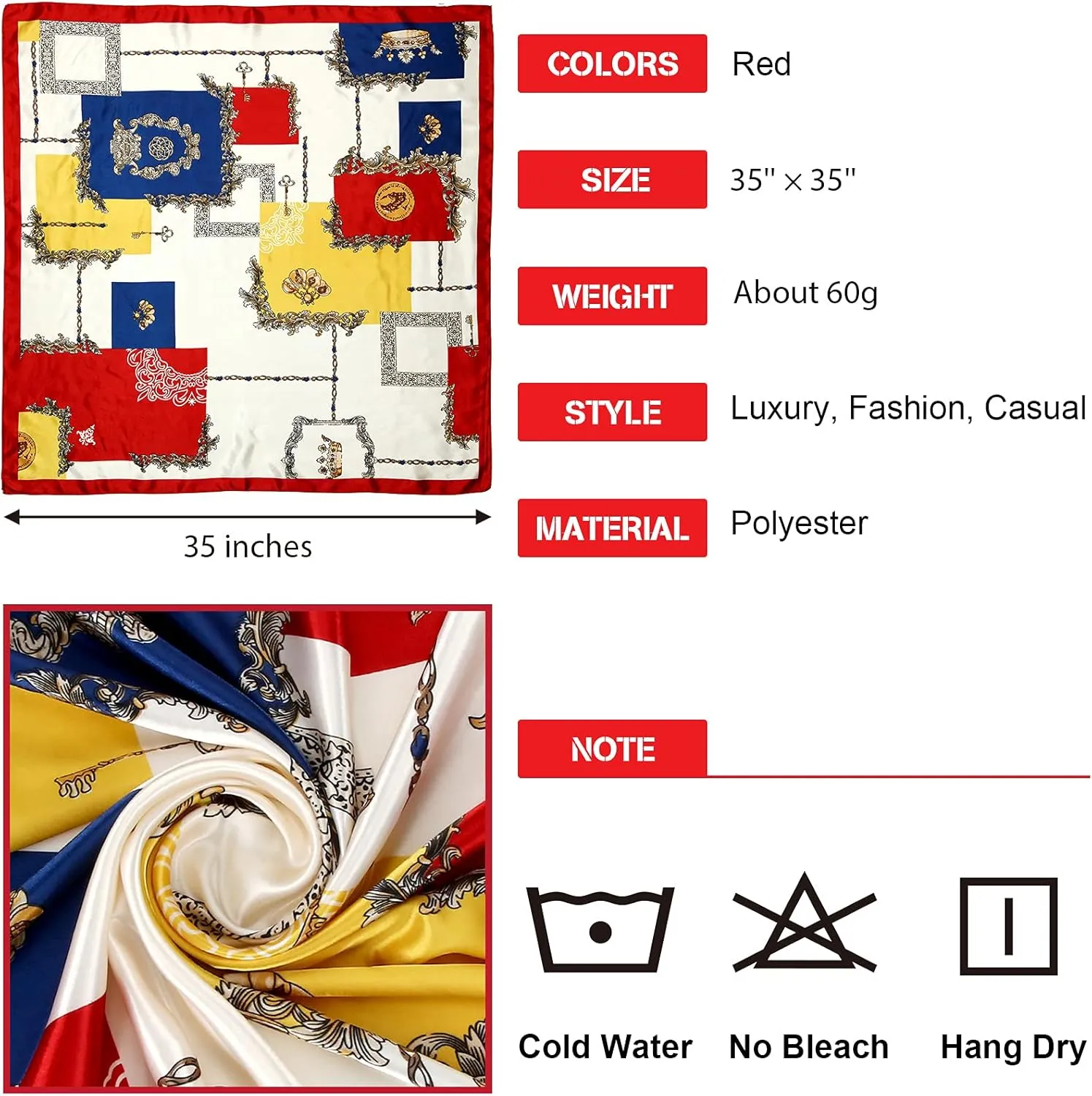Honoson 4 Pcs 35 Inch Silk Scarf for Women Hair Satin Scarf Square Silk Bandanas Large Head Scarves for Sleeping