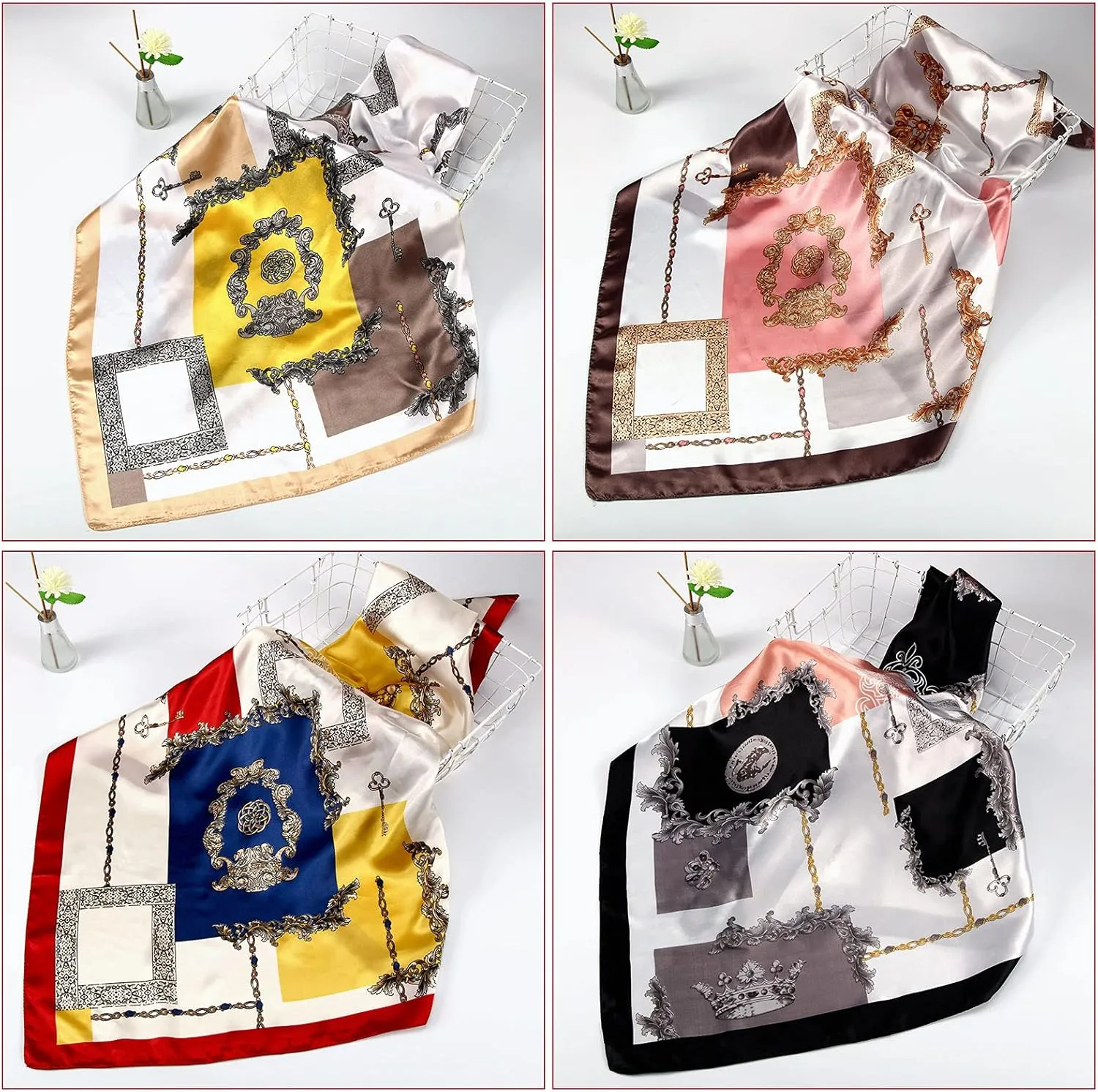 Honoson 4 Pcs 35 Inch Silk Scarf for Women Hair Satin Scarf Square Silk Bandanas Large Head Scarves for Sleeping