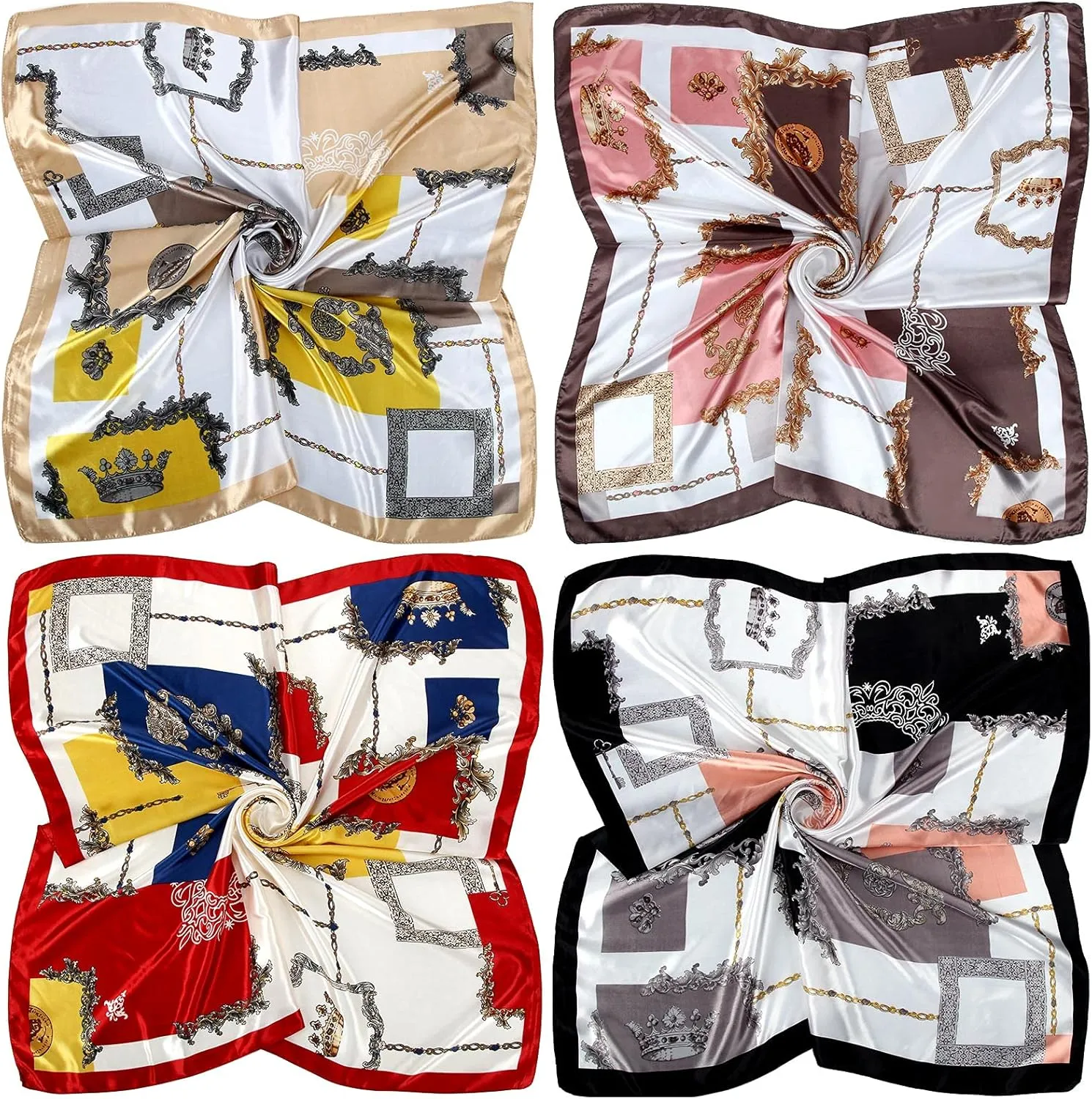 Honoson 4 Pcs 35 Inch Silk Scarf for Women Hair Satin Scarf Square Silk Bandanas Large Head Scarves for Sleeping