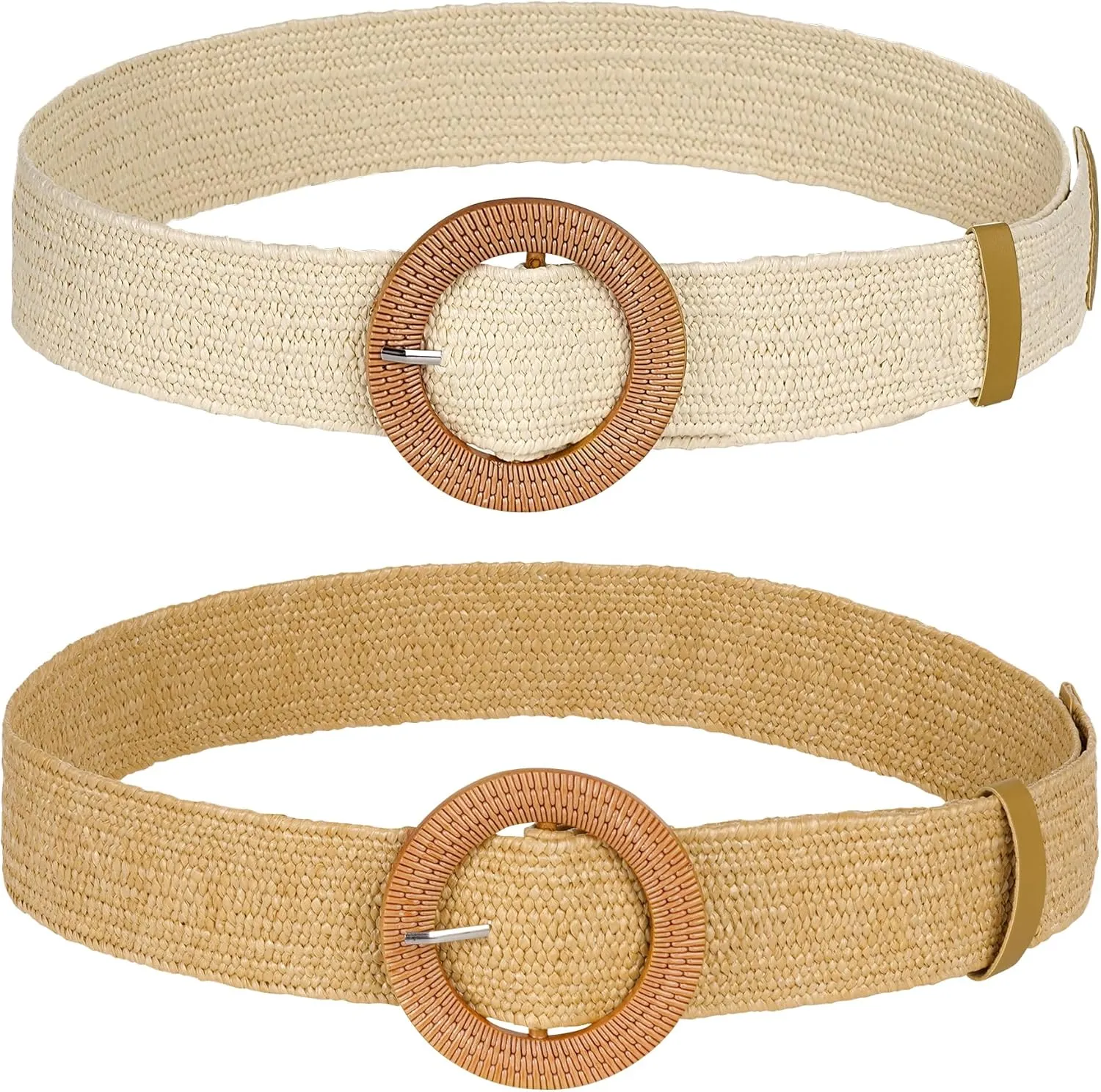 hoyuwak 2Pcs Women Straw Woven Waist Belt Round Buckles Elastic Wide Belts for Summer Dress Dance Braided Skinny Accessories