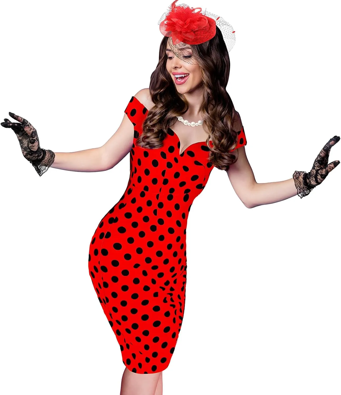 JenPen 5 Pcs Women's Vintage Polka Dot Dress Retro Pencil Dress Sets for Derby Tea Party Cocktail Opera Evening Cosplay