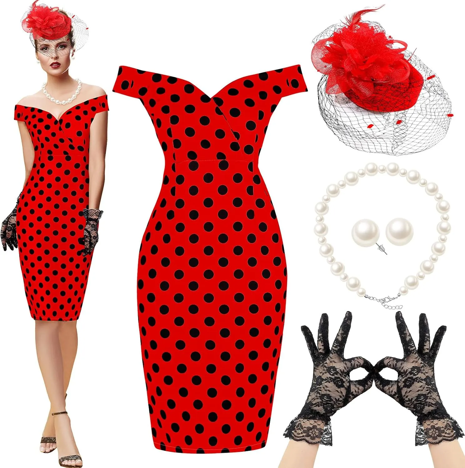 JenPen 5 Pcs Women's Vintage Polka Dot Dress Retro Pencil Dress Sets for Derby Tea Party Cocktail Opera Evening Cosplay