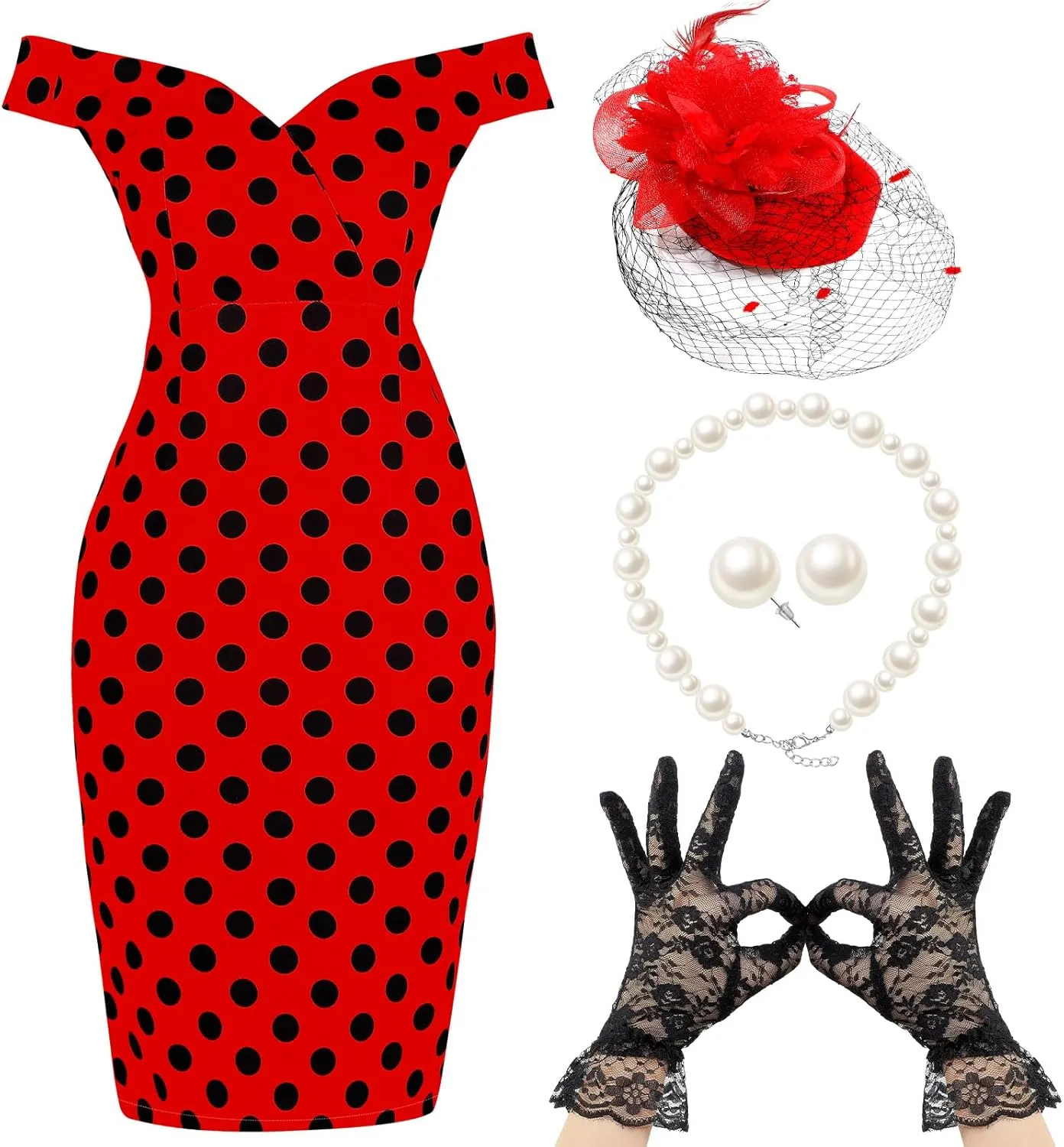 JenPen 5 Pcs Women's Vintage Polka Dot Dress Retro Pencil Dress Sets for Derby Tea Party Cocktail Opera Evening Cosplay