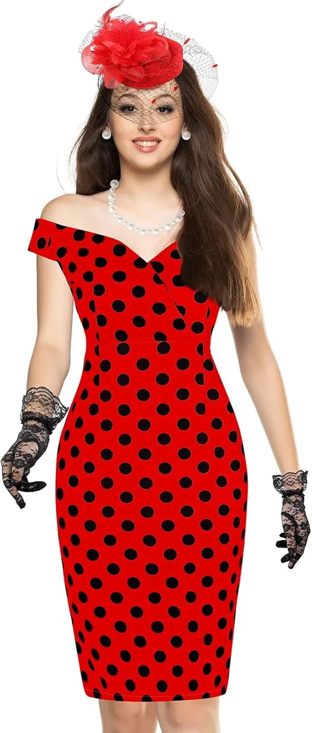JenPen 5 Pcs Women's Vintage Polka Dot Dress Retro Pencil Dress Sets for Derby Tea Party Cocktail Opera Evening Cosplay