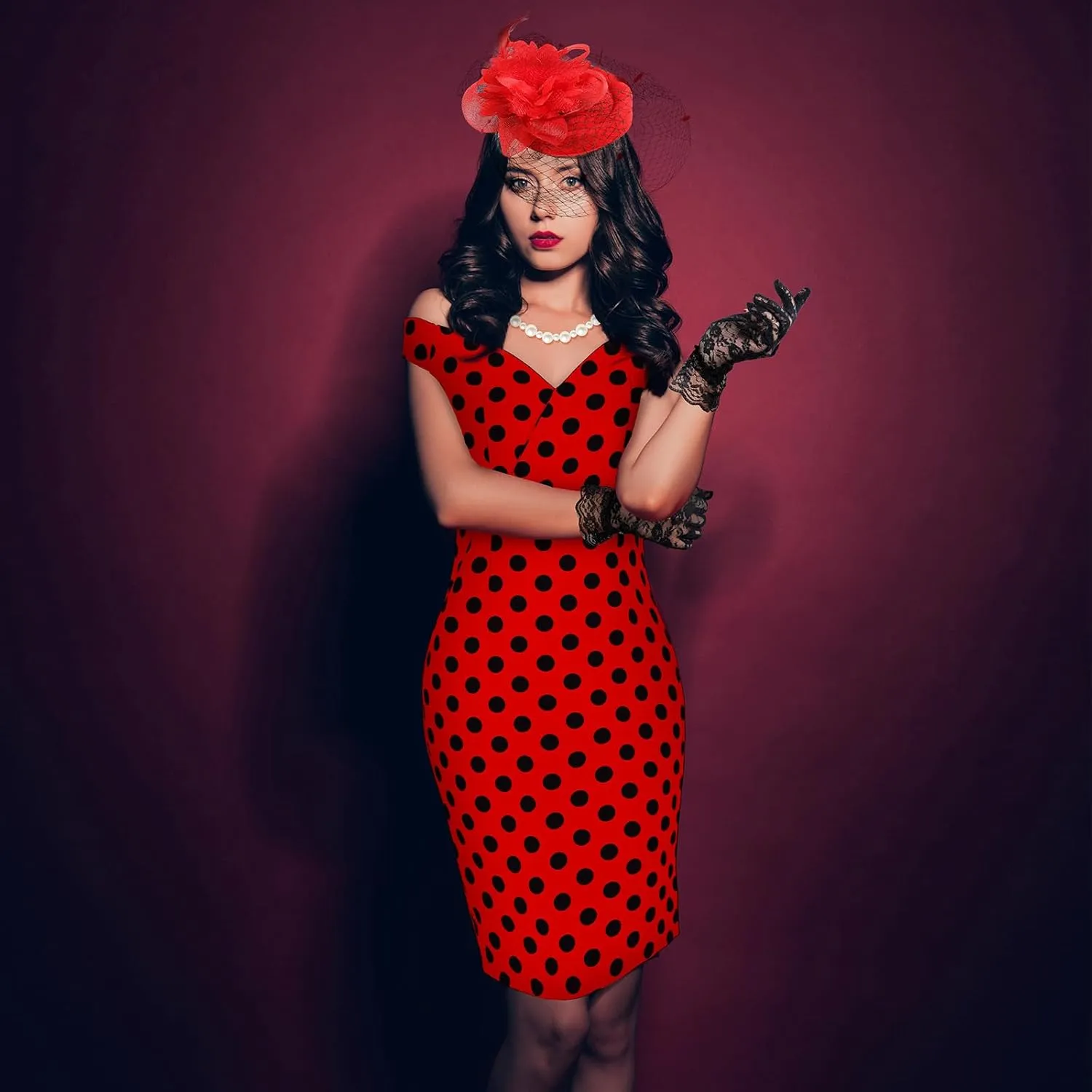 JenPen 5 Pcs Women's Vintage Polka Dot Dress Retro Pencil Dress Sets for Derby Tea Party Cocktail Opera Evening Cosplay