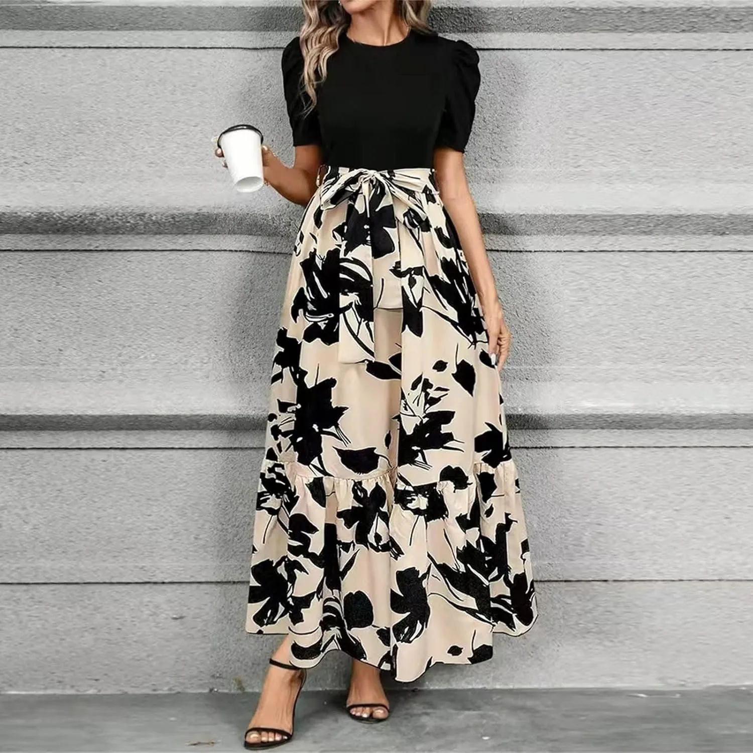 Maxi Dresses for Women,2025 Spring Summer Elegant Crewneck Short Sleeve Beach Dress Trendy Floral Flowy Boho Dress