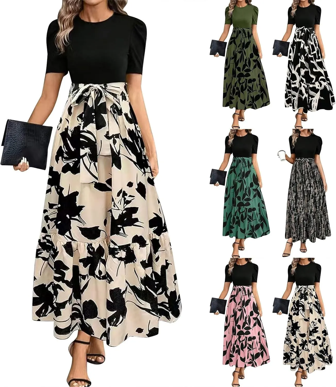 Maxi Dresses for Women,2025 Spring Summer Elegant Crewneck Short Sleeve Beach Dress Trendy Floral Flowy Boho Dress