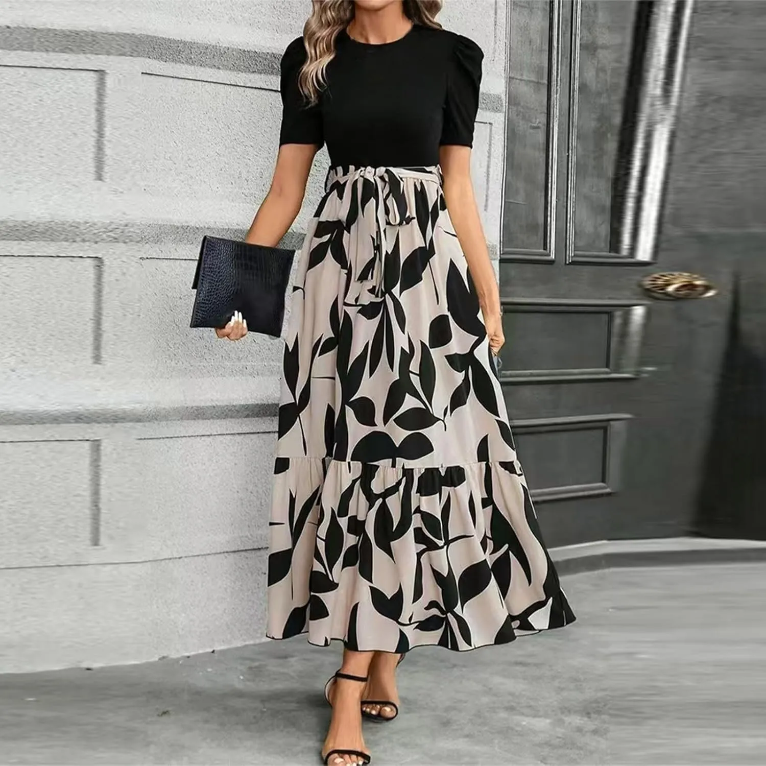 Maxi Dresses for Women,2025 Spring Summer Elegant Crewneck Short Sleeve Beach Dress Trendy Floral Flowy Boho Dress