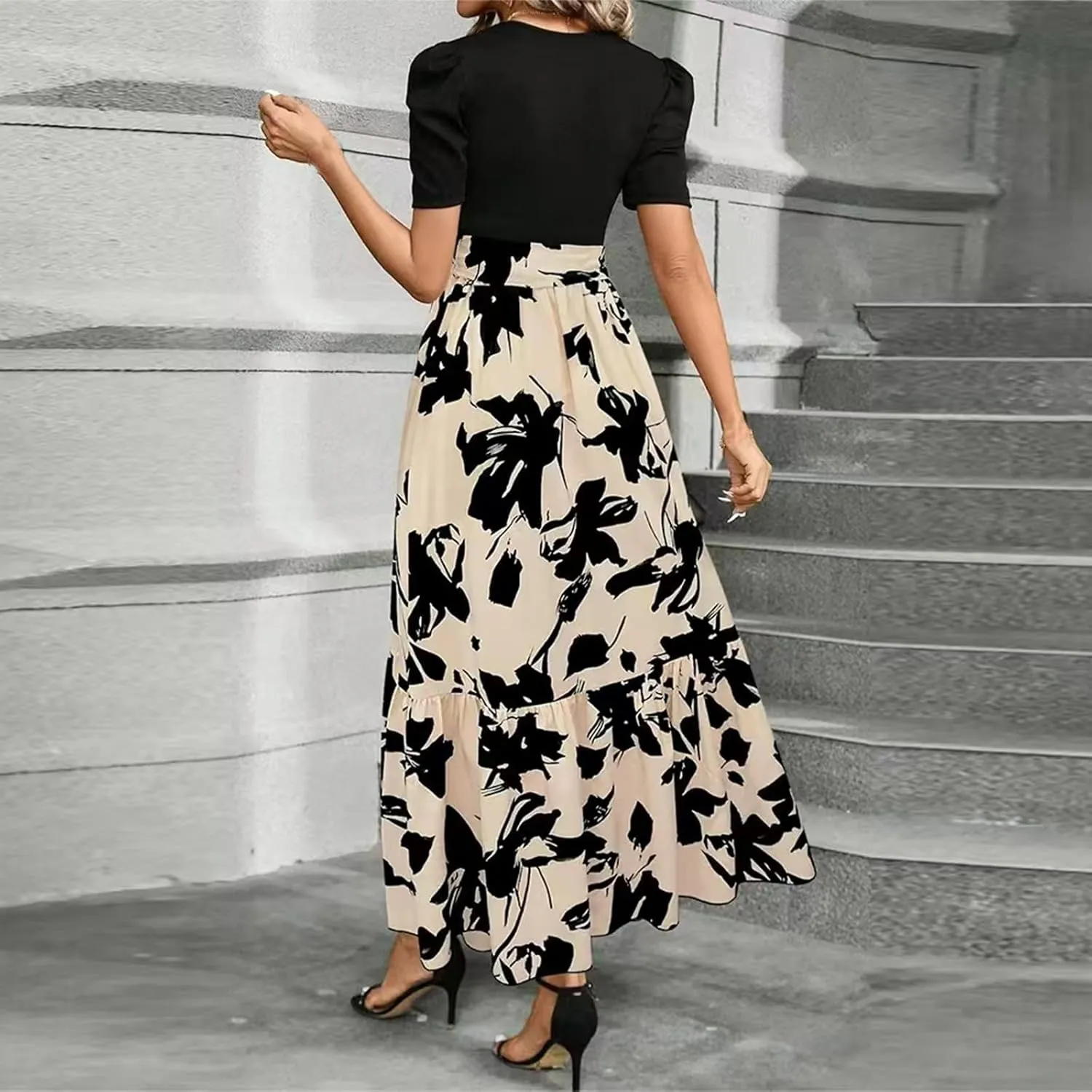 Maxi Dresses for Women,2025 Spring Summer Elegant Crewneck Short Sleeve Beach Dress Trendy Floral Flowy Boho Dress