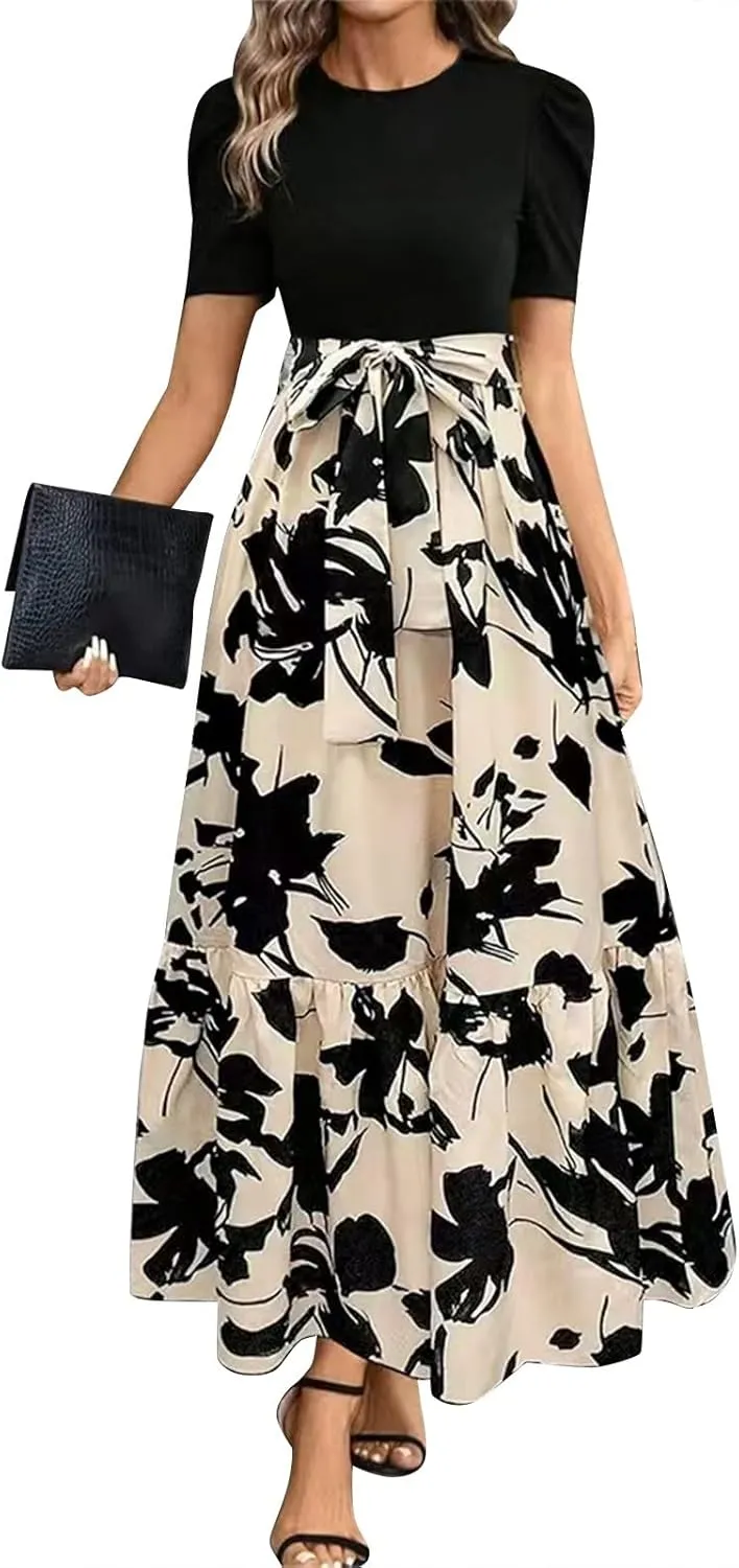 Maxi Dresses for Women,2025 Spring Summer Elegant Crewneck Short Sleeve Beach Dress Trendy Floral Flowy Boho Dress