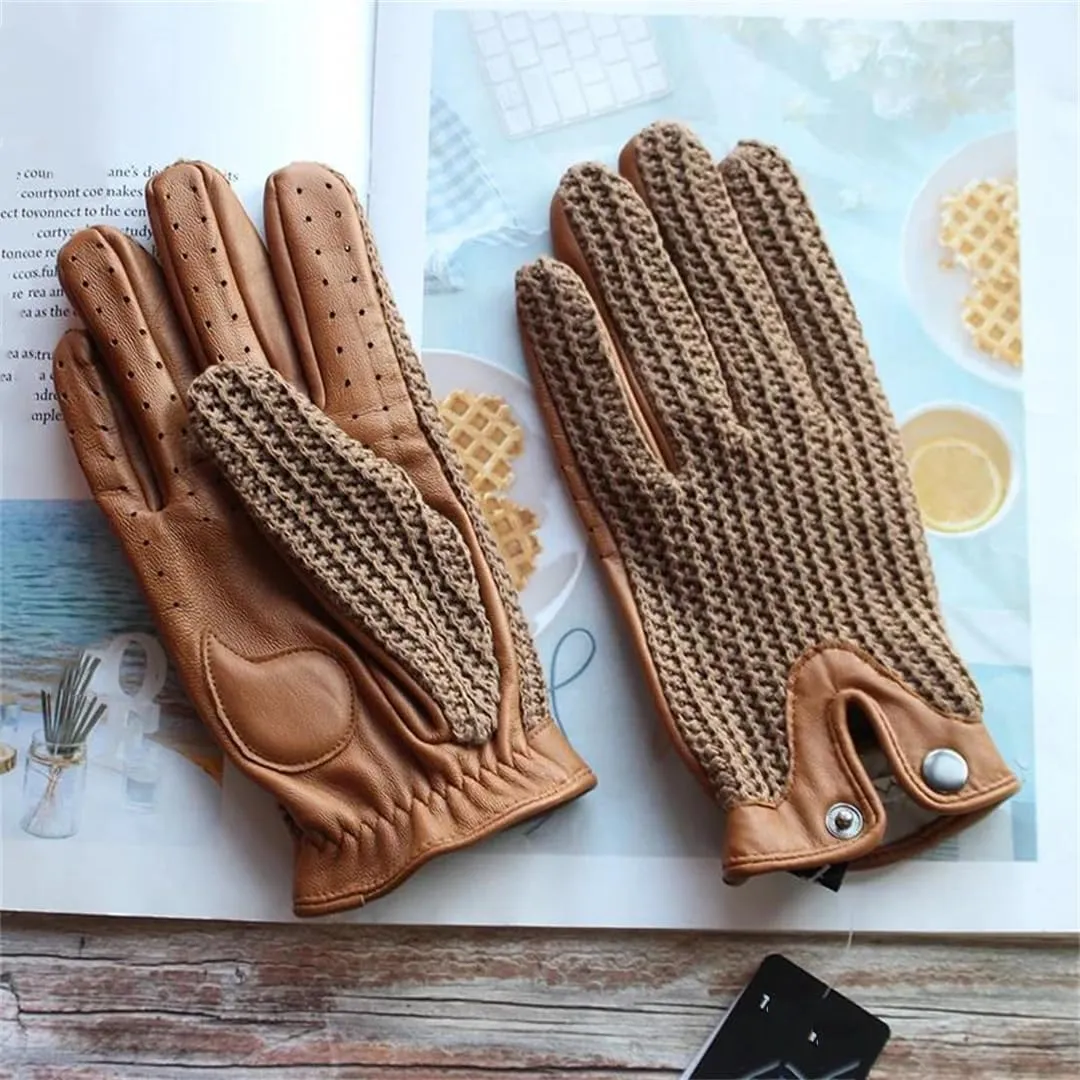 Men's Leather Driving Non-Slip Gloves Touch Screen Sheepskin Knitted Breathable Riding Motorcycle Gloves