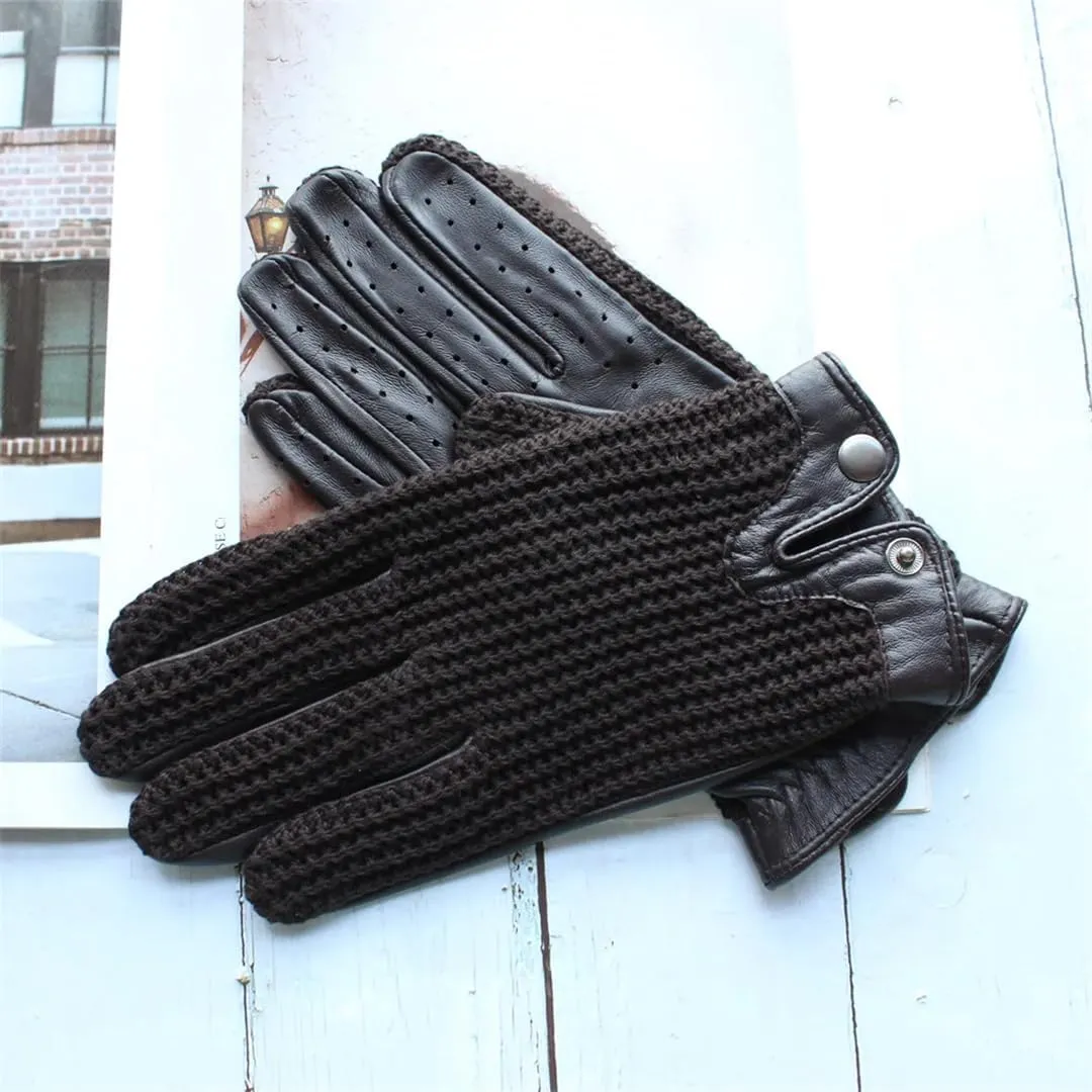 Men's Leather Driving Non-Slip Gloves Touch Screen Sheepskin Knitted Breathable Riding Motorcycle Gloves