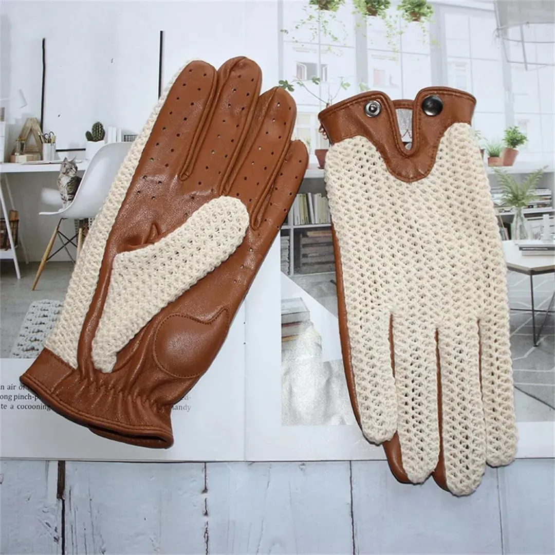 Men's Leather Driving Non-Slip Gloves Touch Screen Sheepskin Knitted Breathable Riding Motorcycle Gloves