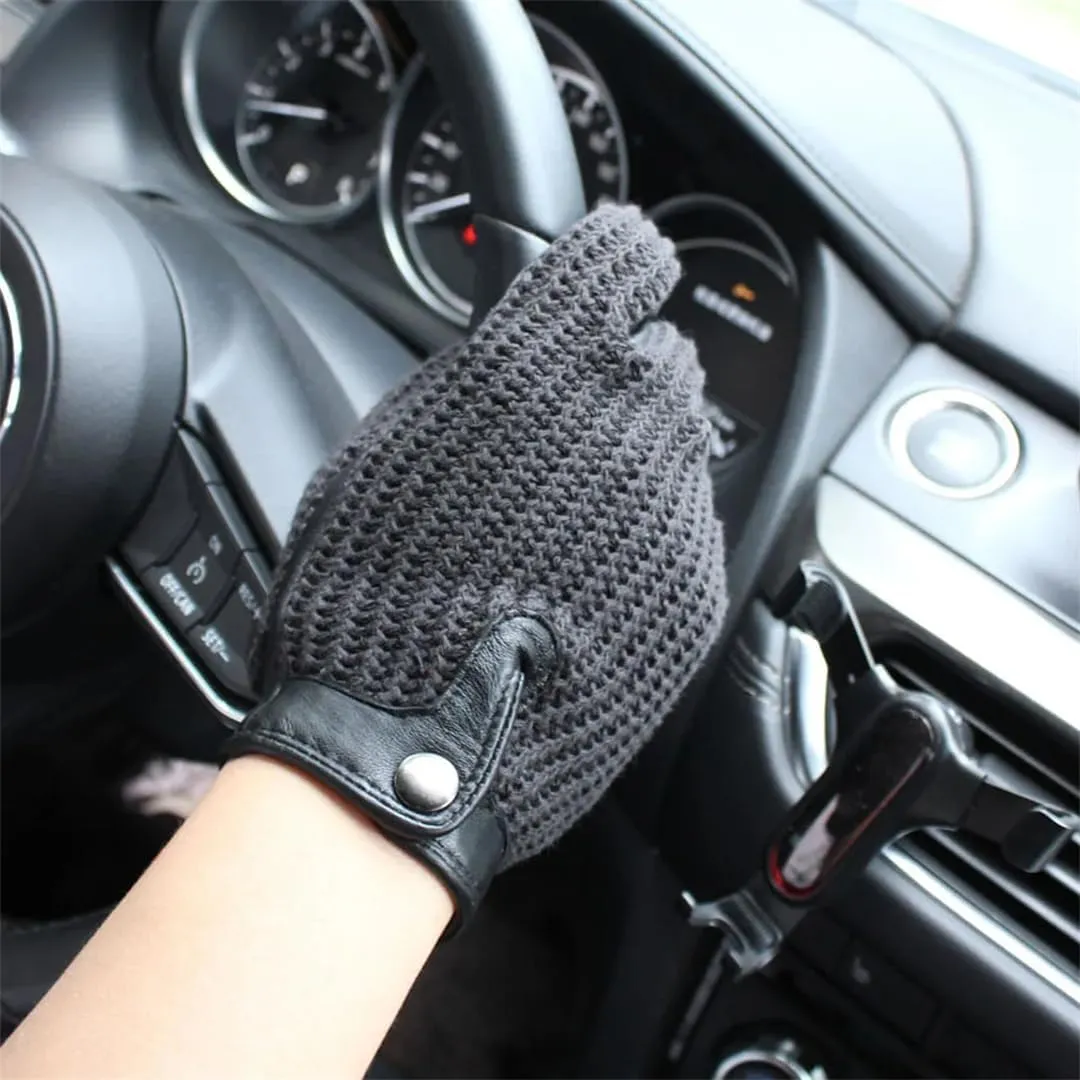 Men's Leather Driving Non-Slip Gloves Touch Screen Sheepskin Knitted Breathable Riding Motorcycle Gloves