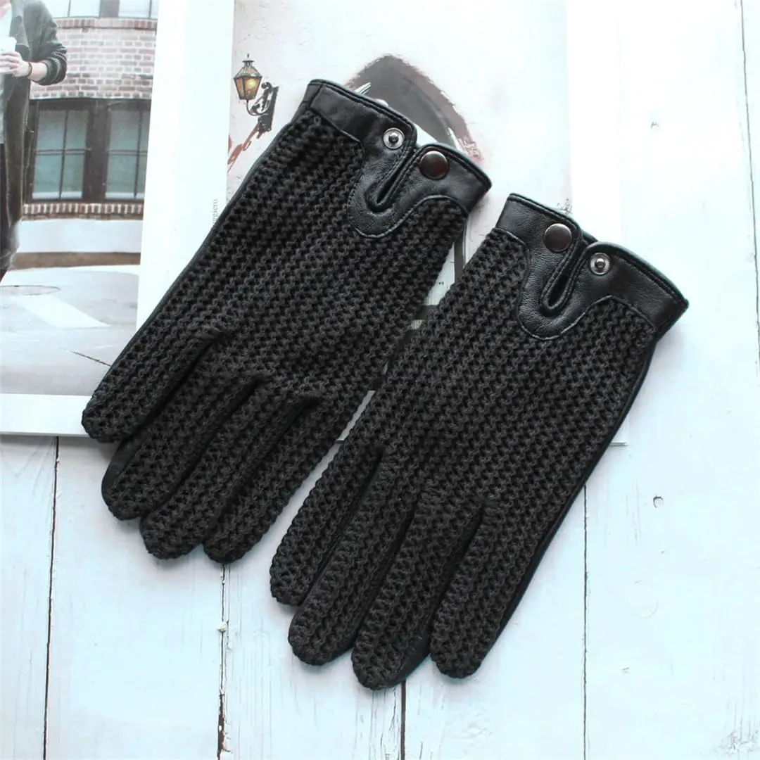 Men's Leather Driving Non-Slip Gloves Touch Screen Sheepskin Knitted Breathable Riding Motorcycle Gloves