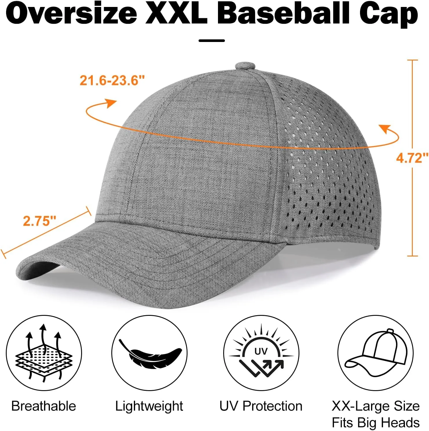 Men's Oversize XXL Baseball Cap Adjustable Performance Snapback Hat Laser Perforated Cap Plus Size for Big Head