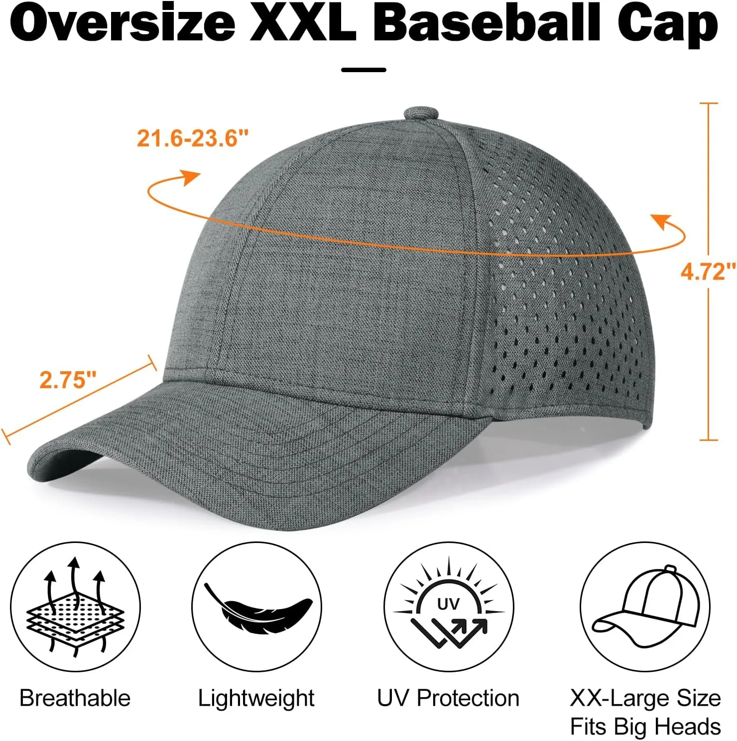 Men's Oversize XXL Baseball Cap Adjustable Performance Snapback Hat Laser Perforated Cap Plus Size for Big Head