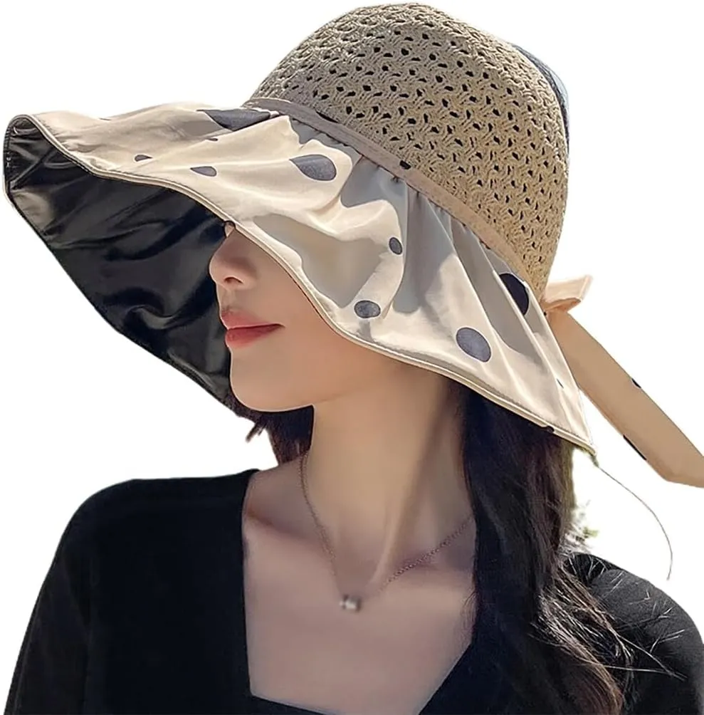 Summer Beach Sun Hat - Women's Foldable Straw Fisherman Cap with Decorative Polka Dots for Sun Protection Beige Hats