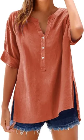 Summer Tops Women 2025 Short Sleeve Cotton Linen Shirts Casual Button V Neck Boho Blouses Plus Size Spring Clothes
