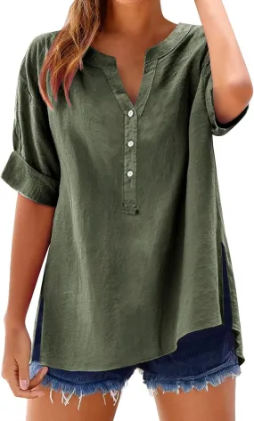 Summer Tops Women 2025 Short Sleeve Cotton Linen Shirts Casual Button V Neck Boho Blouses Plus Size Spring Clothes