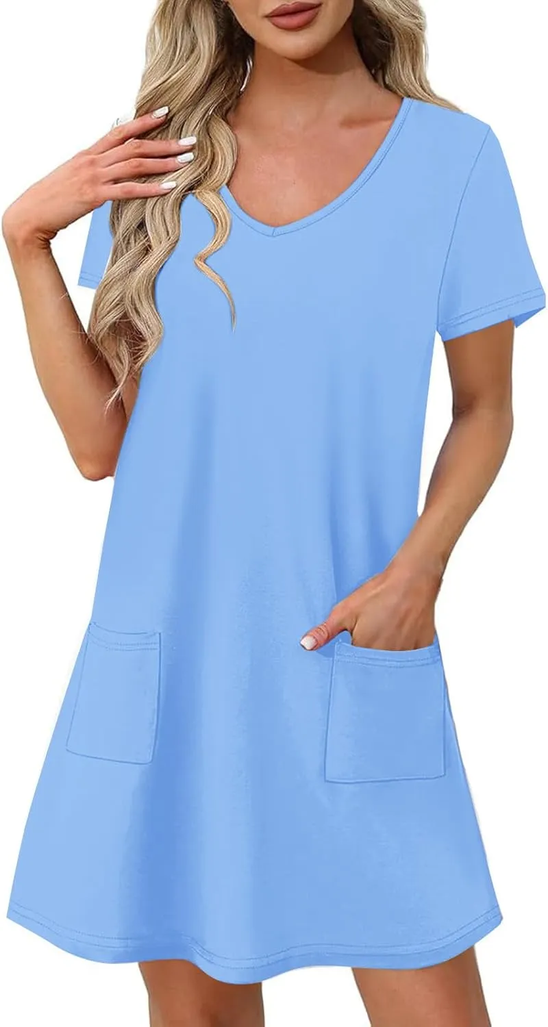 Women Basic V Neck T Shirt Dresses Summer Casual Short Sleeve A-Line Flare Dress Soft Comfy Tunic Dress with Pockets